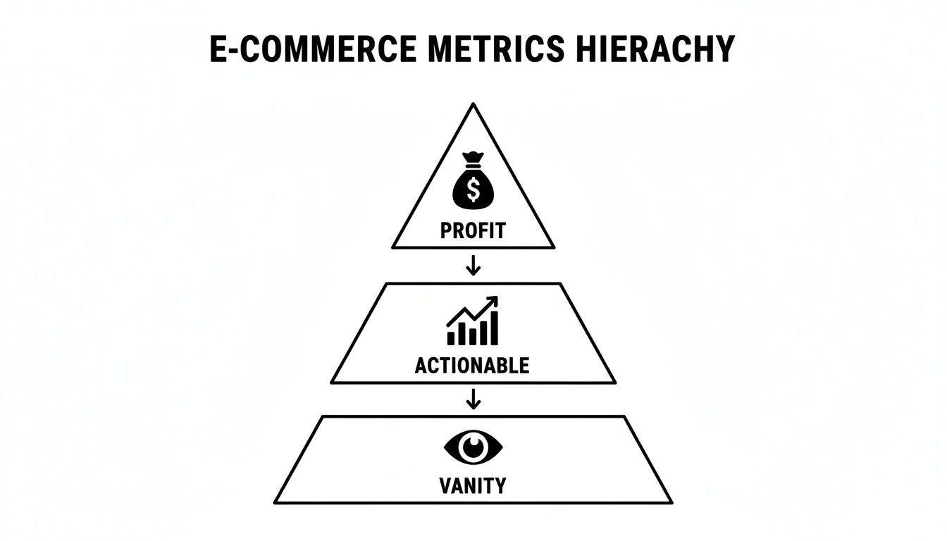 An e-commerce metrics hierarchy pyramid showing Profit at the top, Actionable in the middle, and Vanity metrics at the bottom.