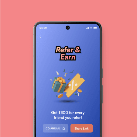 Smartphone screen displaying a refer-and-earn offer, featuring a sleek UI design by Fika Design Studio. The screen shows a heading 'Refer & Earn' with visuals of a gift box, discount coupon, and coins, symbolizing a reward for each successful referral. The design demonstrates Fika's expertise in crafting engaging and intuitive mobile app interfaces.