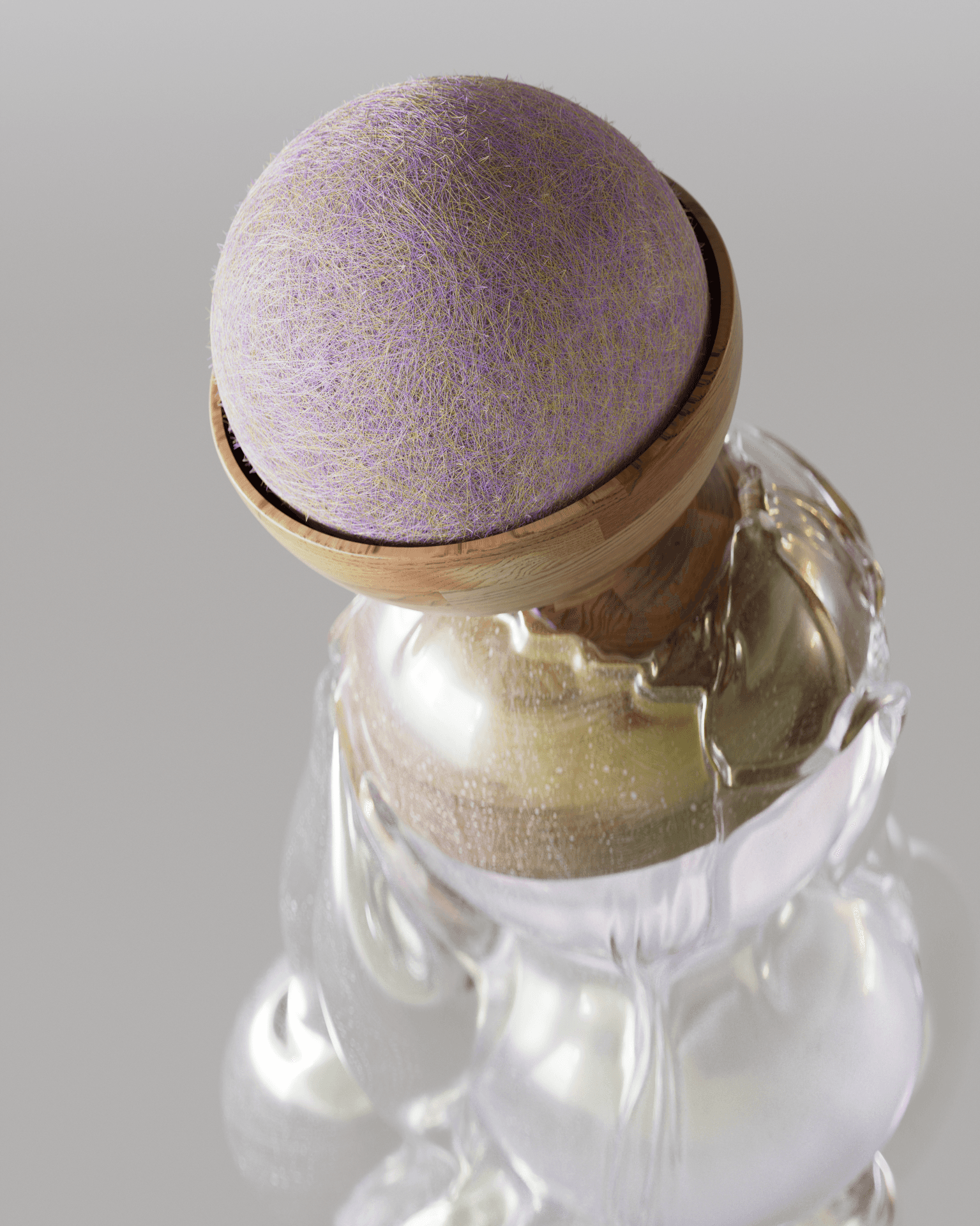 3D rendered close up of a lavender fiber covered sphere resting in a wooden bowl atop a translucent glass organic form with iridescent finish on a light gray background