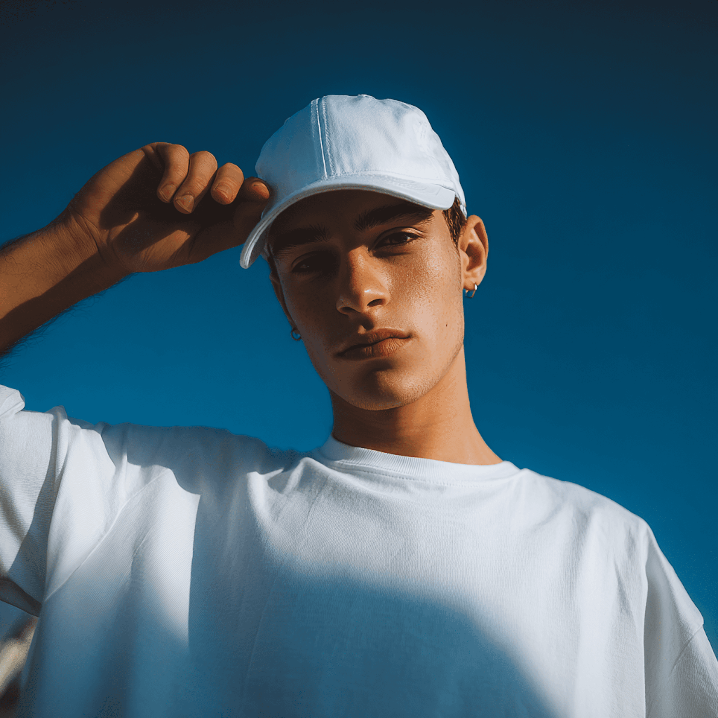 Man in a white shirt and cap posed thoughtfully against a deep blue background, highlighting bold fashion designs.