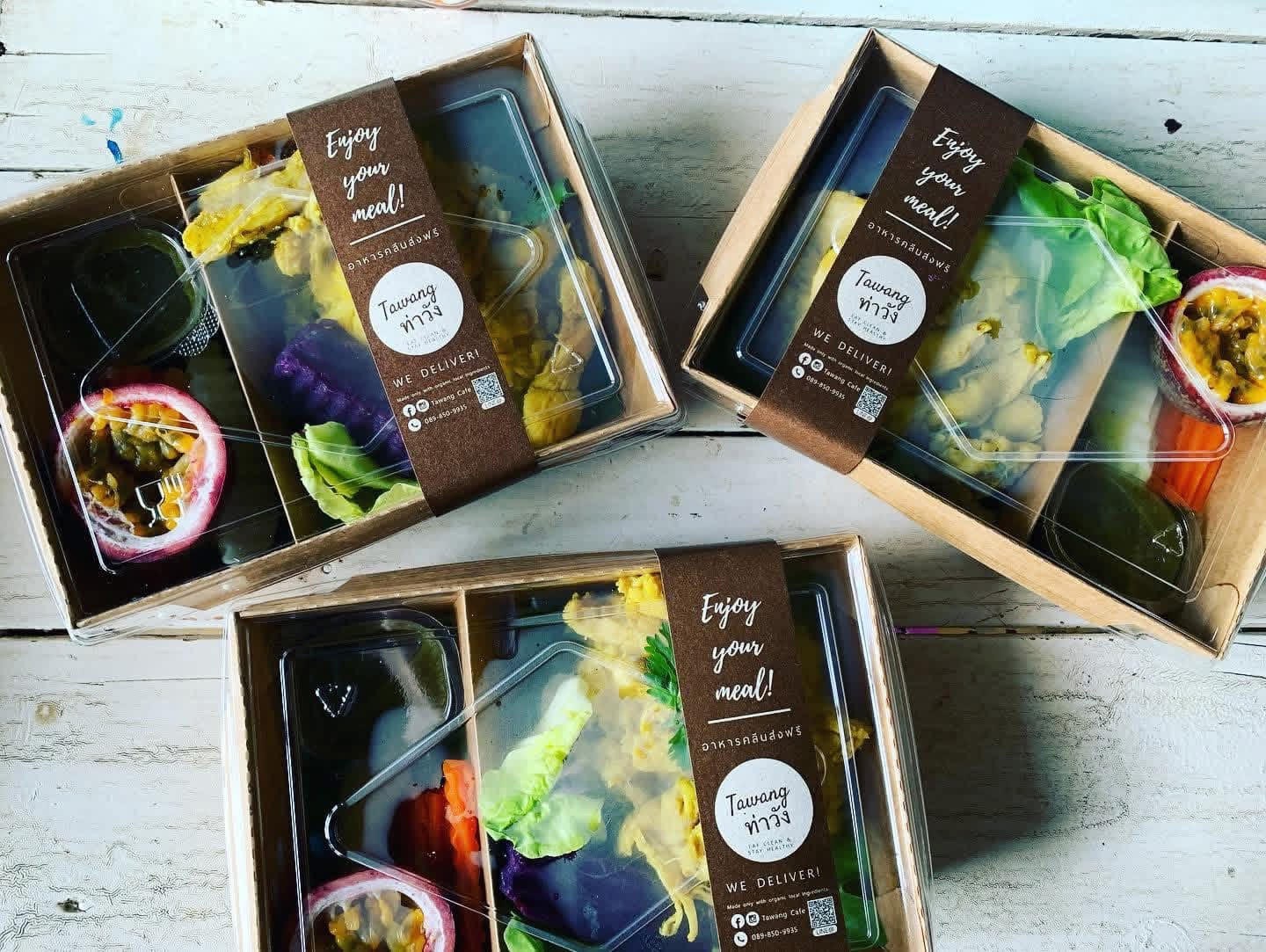Three healthy meal boxes from Tawang Delivery, Fai's Chiang Mai meal-delivery business