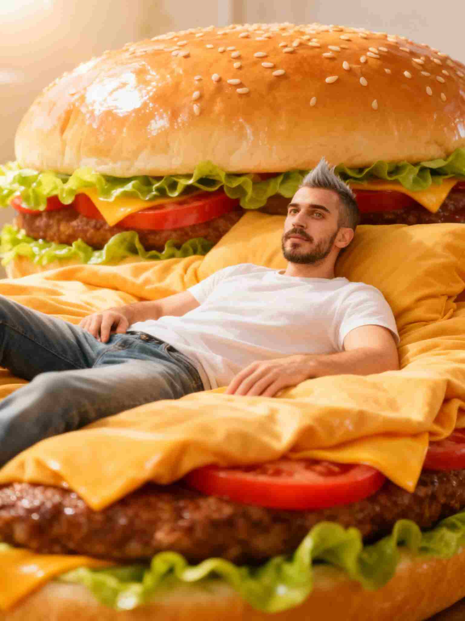 Man on hamburger bed created with Runway AI Video Generation.