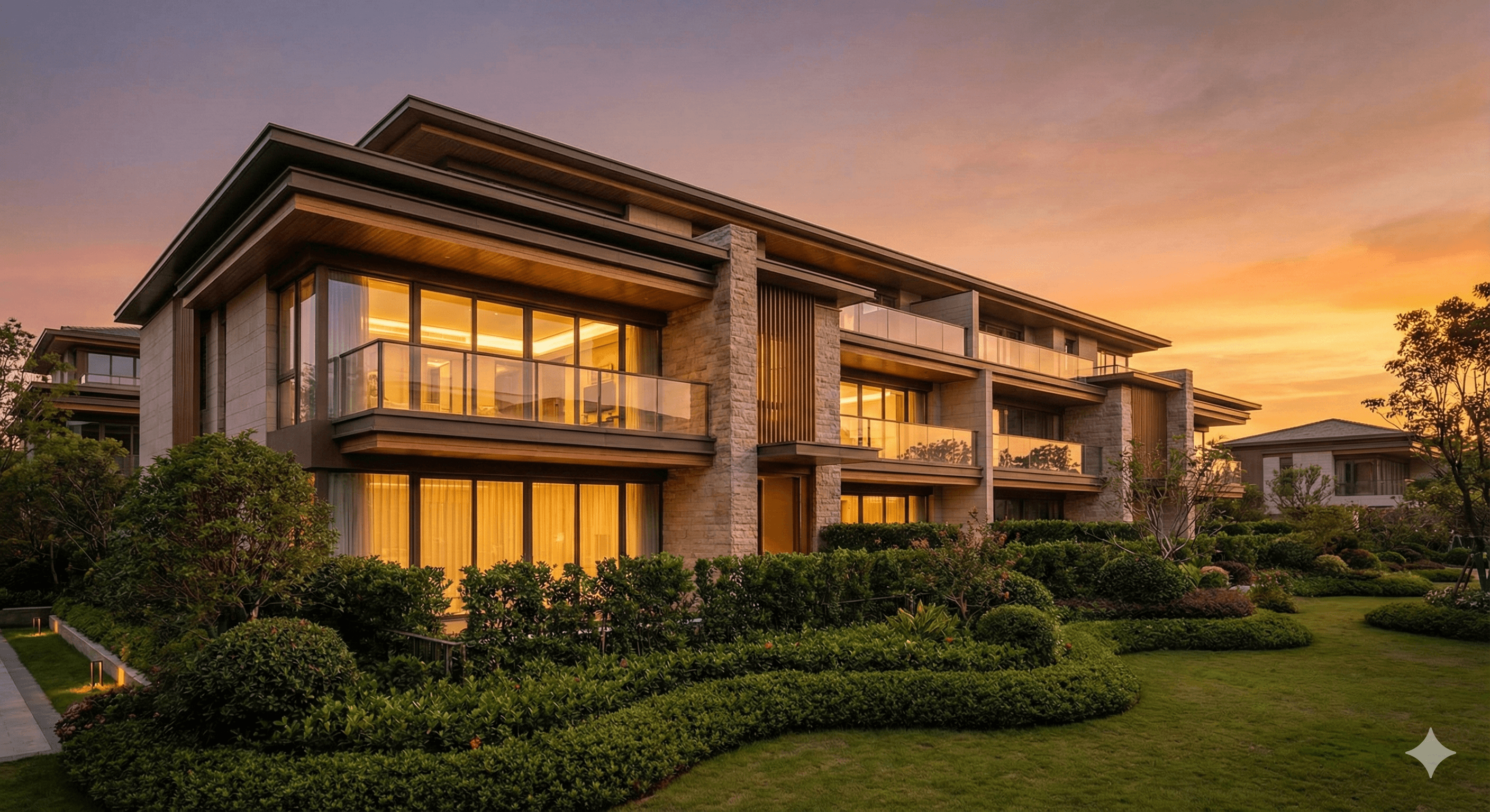Modern luxury low-rise building facade with glass balconies in Sector 63 Gurugram at sunset