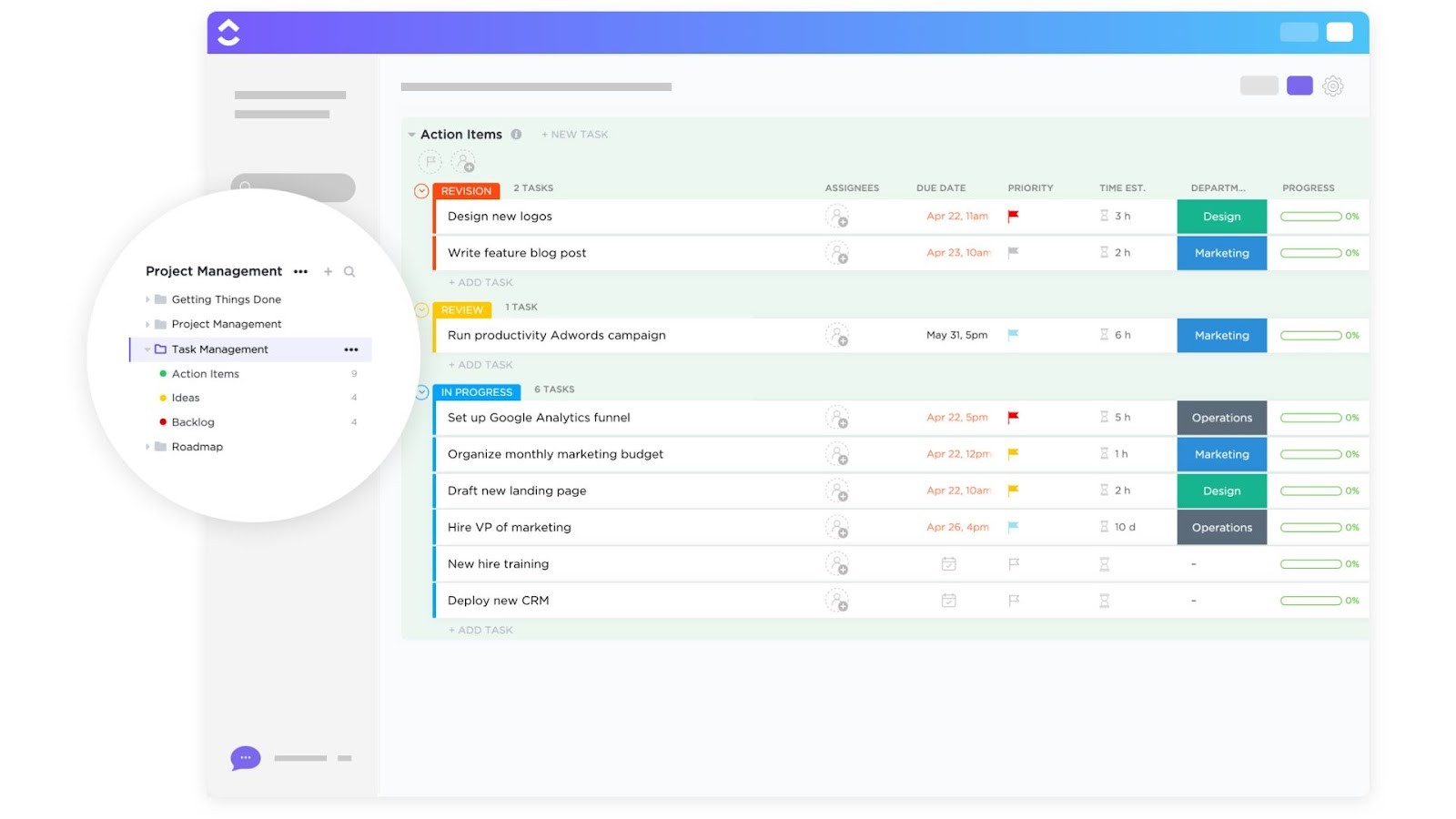 ClickUp’s project management and task tracking dashboard interface