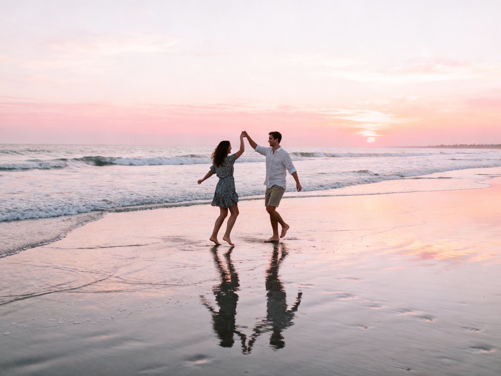 An ethereal beachside engagement photo in a frame at sunrise, capturing a couple dancing barefoot on