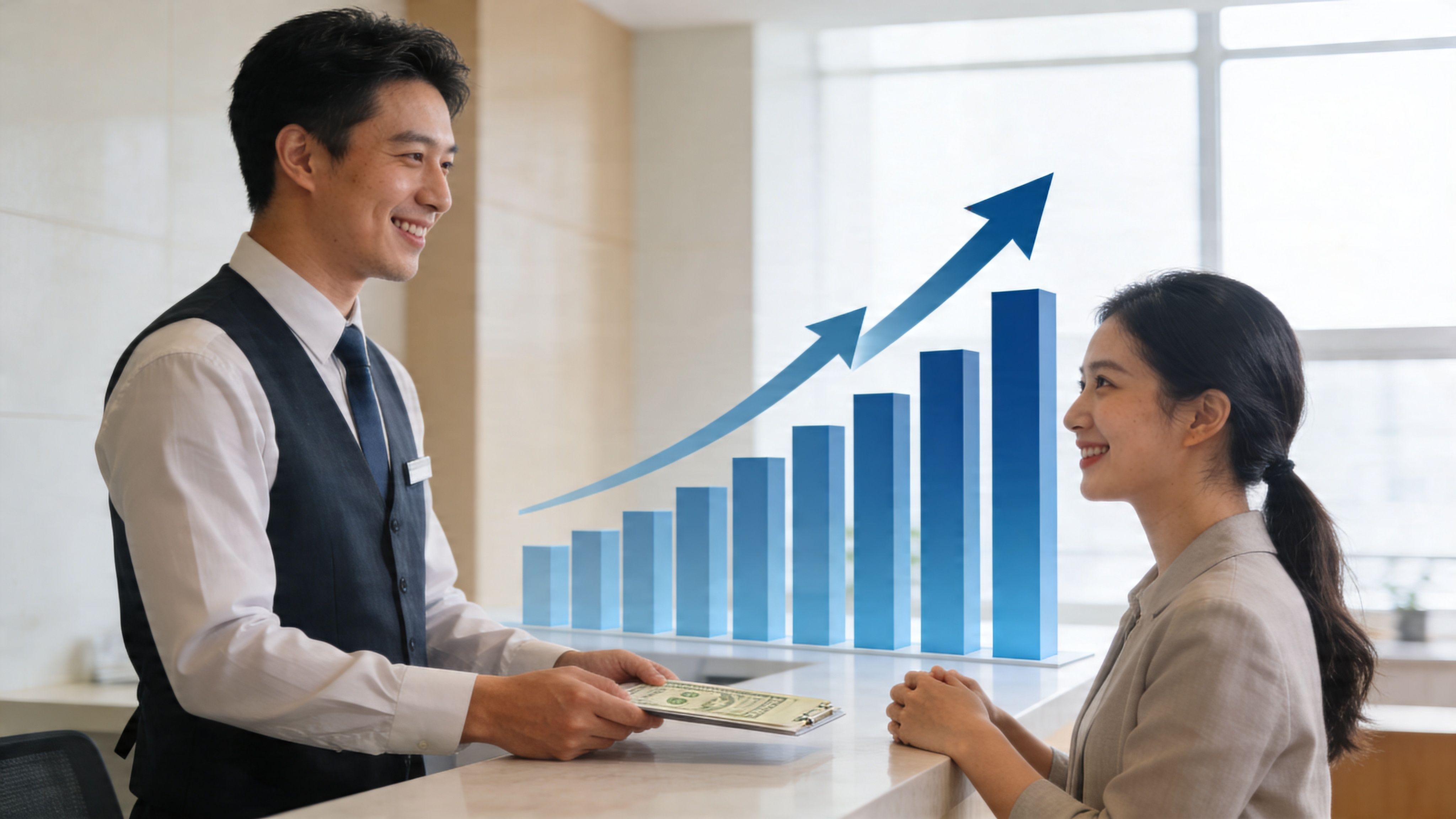 A professional receptionist handling a transaction with a client, visualized with a rising financial growth graph.