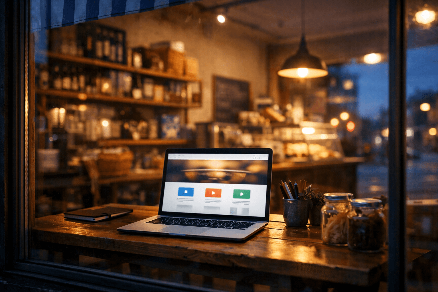 Vue extérieure d’une petite boutique locale à Bègles au crépuscule, éclairée mais sans client, observée à travers la vitrine ; sur une table en bois, un ordinateur portable affiche un site web moderne orienté conversion, symbolisant une vitrine digitale vide qui attend de devenir un outil commercial performant pour une TPE.