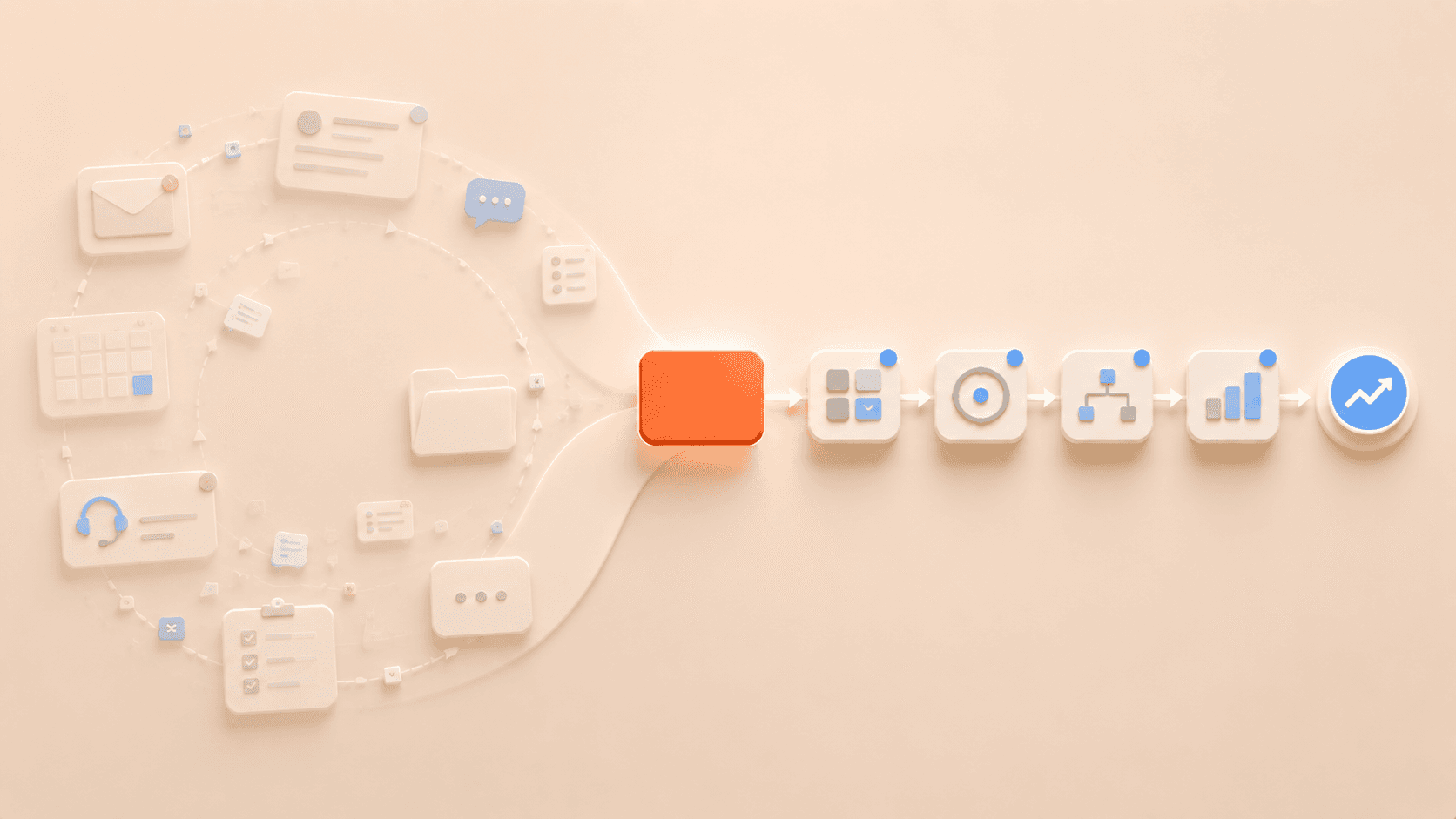 Minimalistische 3D-Illustration mit einer korallfarbenen Fokuskarte an einer Weggabelung zwischen operativer Arbeit und strategischem Business-Aufbau. Links kreisen transparente E-Mail-, Support-, Kalender- und Aufgabenfragmente in einer geschlossenen Schleife und symbolisieren täglichen Betrieb, während rechts ein klar strukturierter Pfad aus geordneten System-, Prozess- und Wachstumsblöcken zu einem Ergebnis-Marker führt und langfristigen Unternehmensaufbau darstellt.