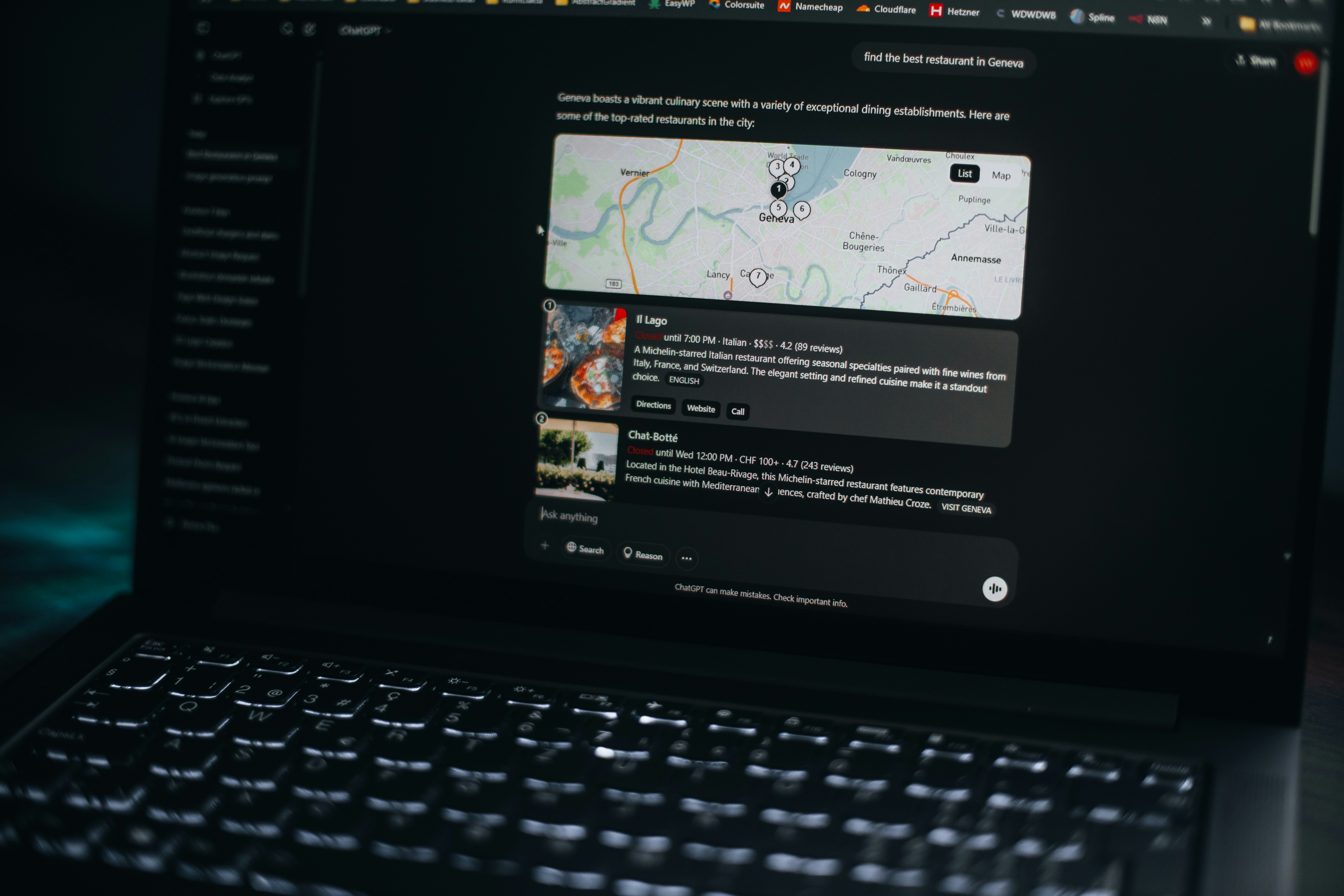 Laptop displaying ChatGPT interface with AI search results and map recommendations for restaurants in Geneva.