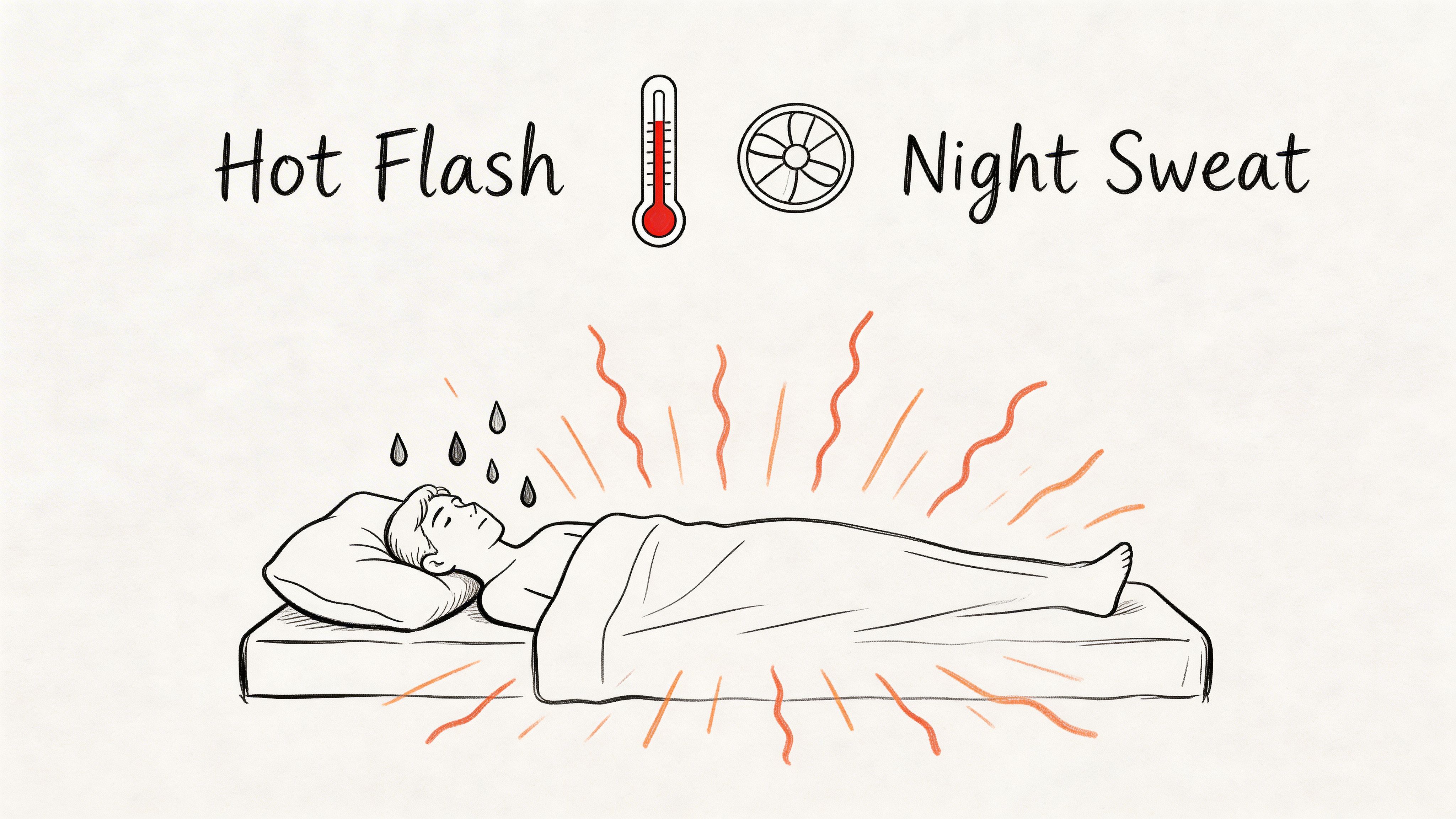 A line-art illustration depicting a person in bed experiencing a hot flash and night sweats symptoms.