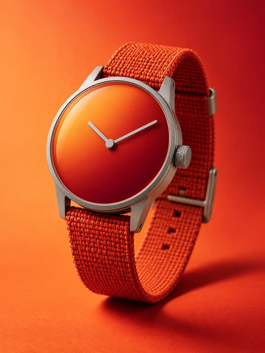 Minimal orange wristwatch on a vivid tangerine and red background