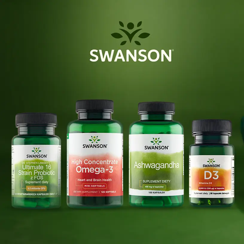 Cztery butelki suplementów diety Swanson na ciemnozielonym tle