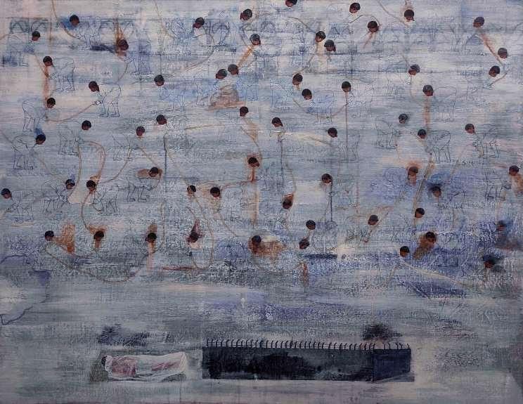 herd of sheep on road painting