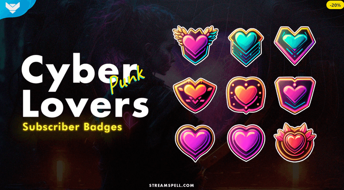 Cyberpunk Lovers Subscriber Badges preview – a set of 9 neon heart-shaped badges with bold, futuristic designs in pink, purple, blue, and gold. Perfect for Twitch, YouTube, and Discord streamers who love cyberpunk, sci-fi, and edgy, tech-inspired aesthetics.