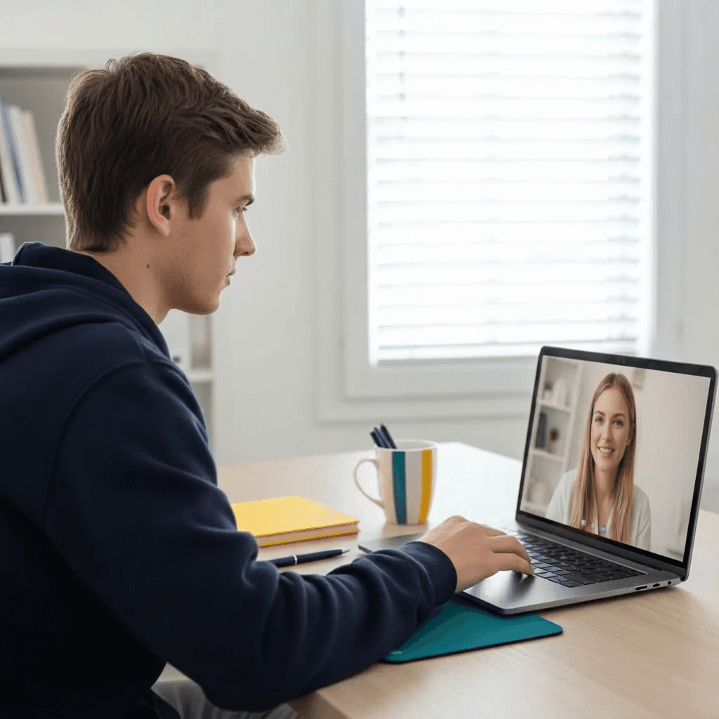 A video call with a teacher is displayed on the screen