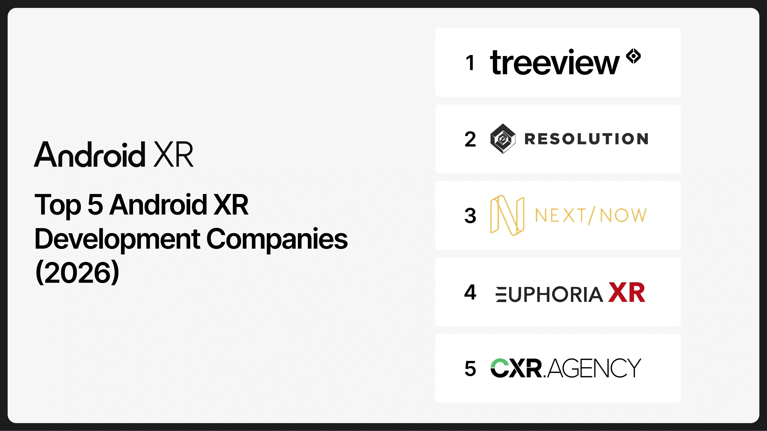 Top 5 Android XR development companies in 2026: Treeview, Resolution Games, Next/Now, Euphoria XR and CXR Agency