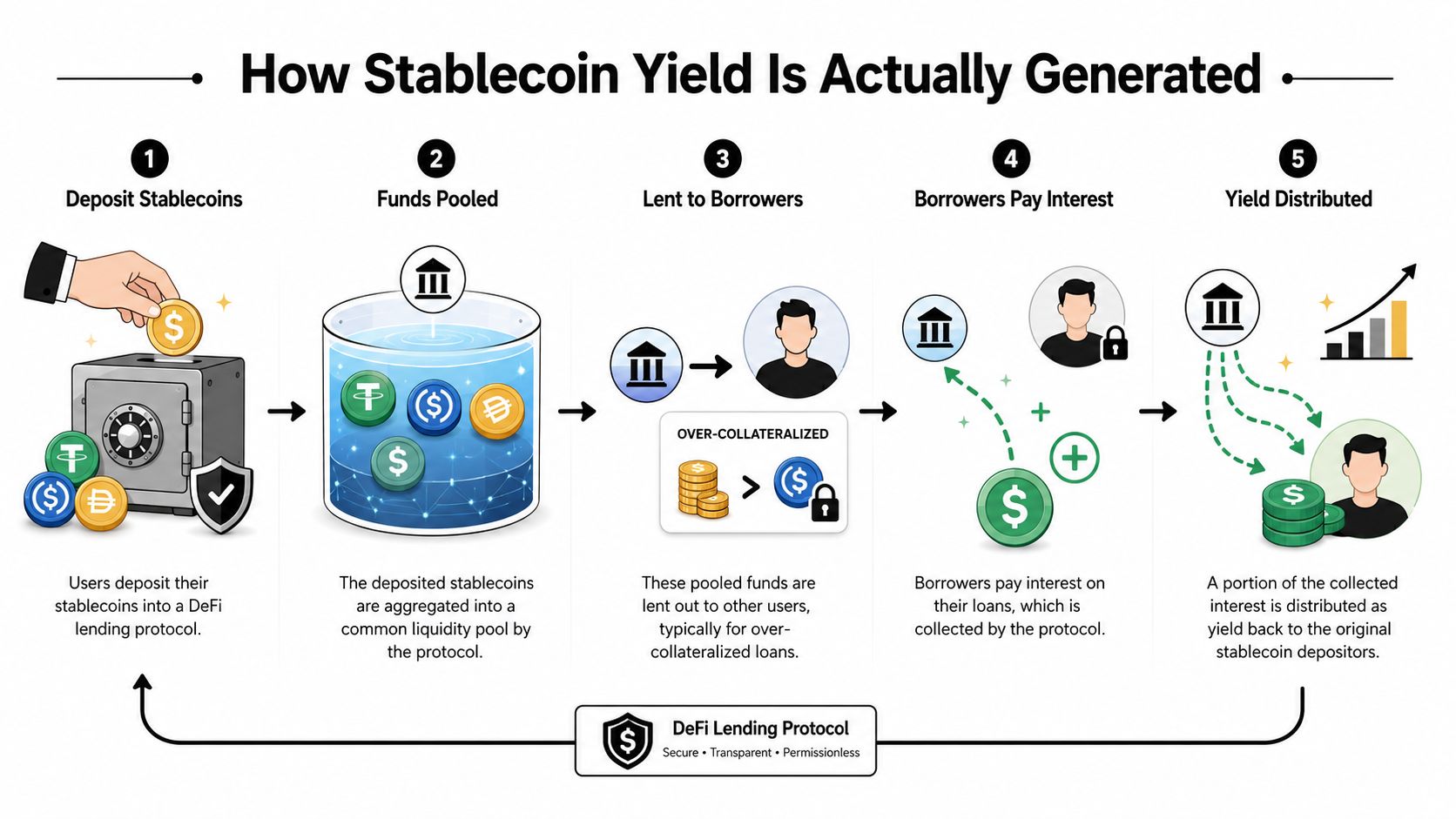 An infographic illustrating the five-step process of how stablecoin yield is generated within DeFi lending protocols.