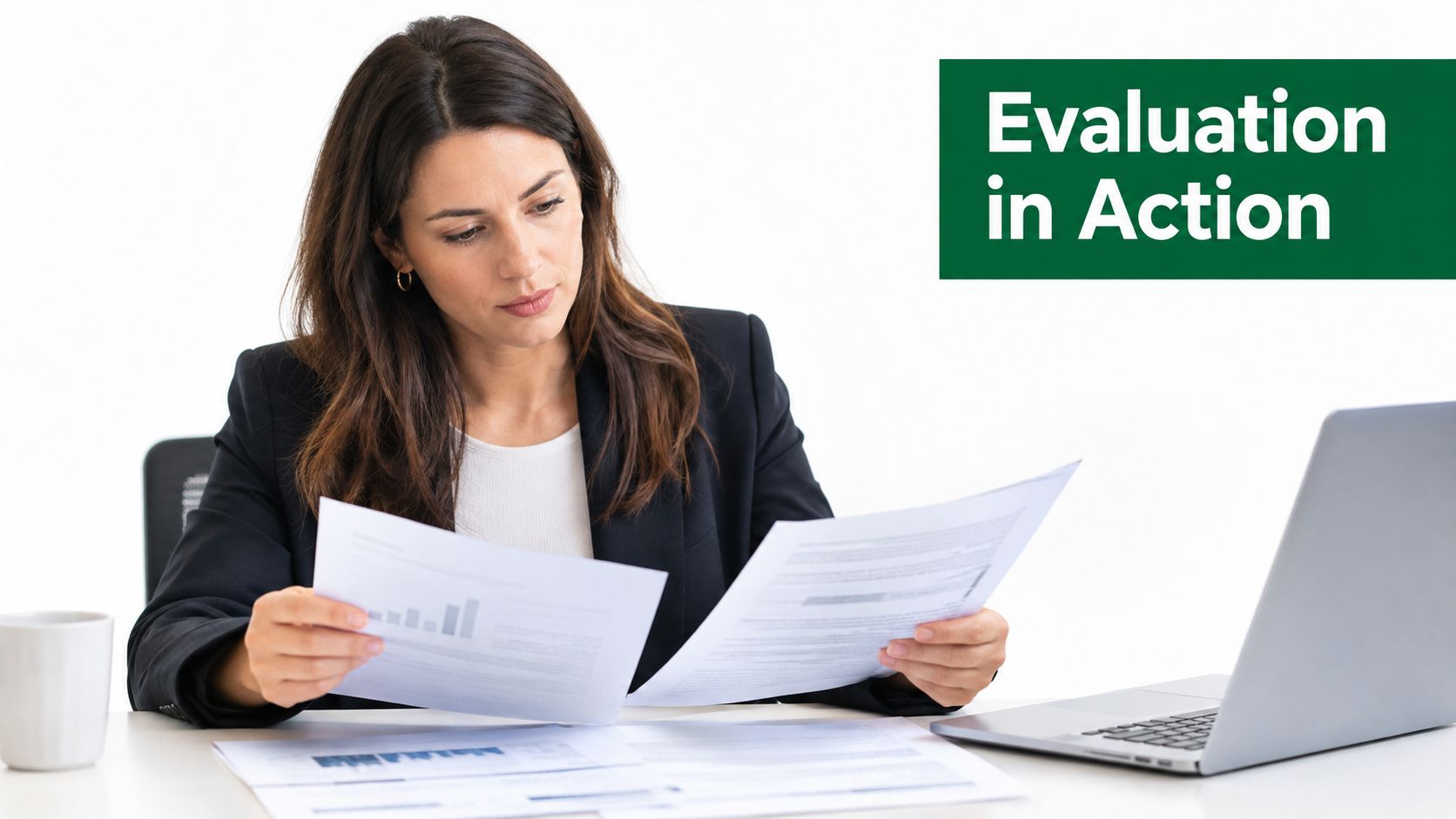 A professional woman in a suit reviewing financial documents while sitting at a desk with a laptop.