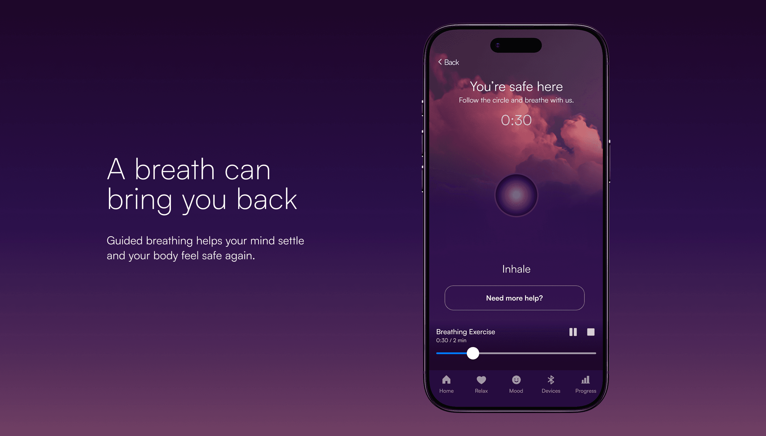 SerenAI breathing exercise screen showing a calming inhale and exhale animation for relaxation.
