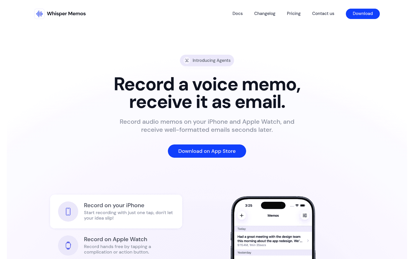 Whisper Memos homepage showing voice memos from iPhone and Apple Watch sent as email
