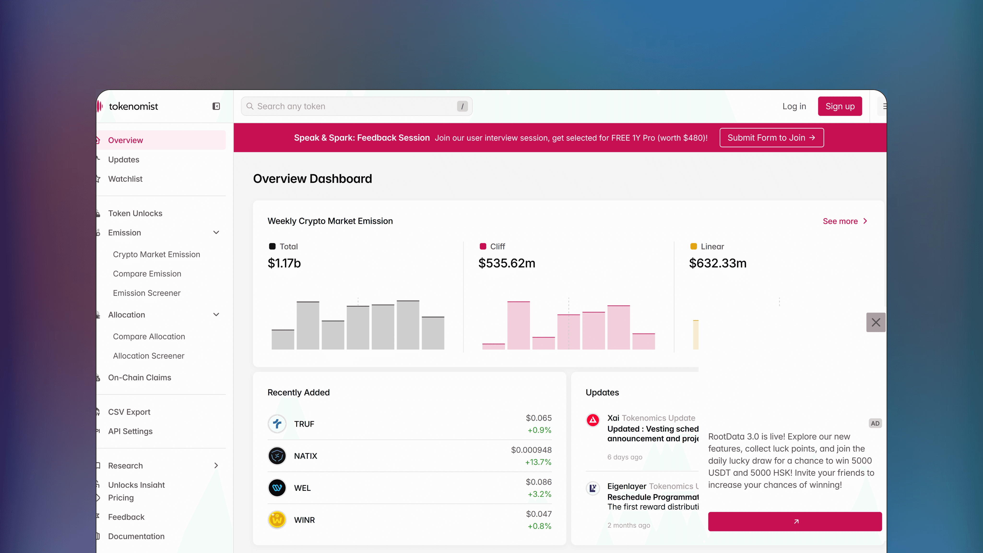 Website preview of Tokenomist.ai, trade analytics crypto platform displaying calendars for token unlocks and vesting schedules.