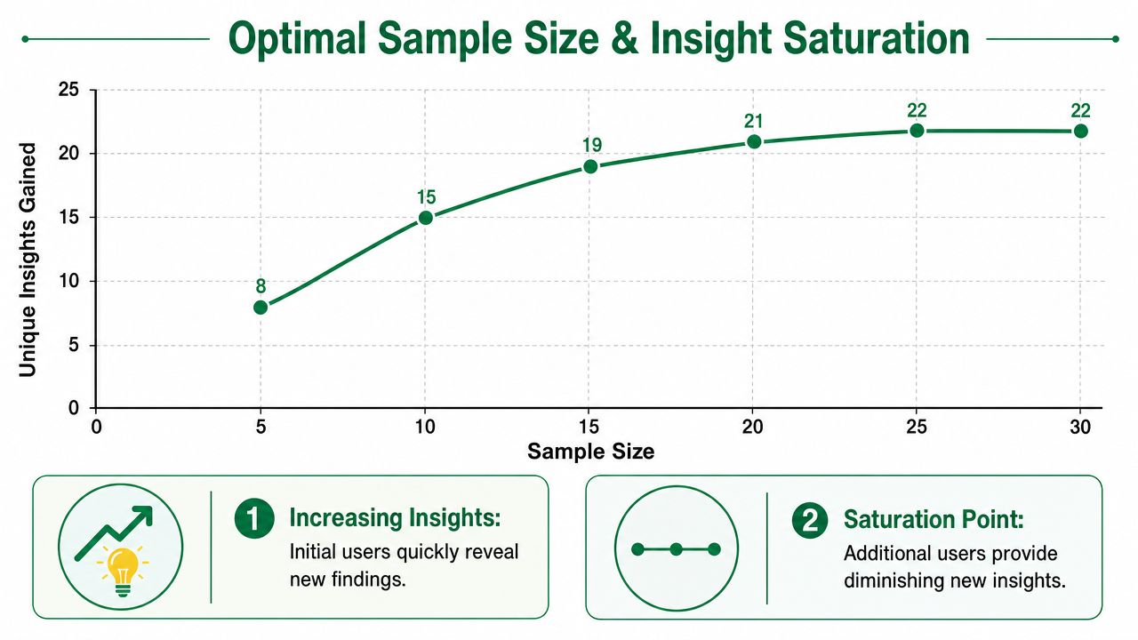 Line graph showing how unique insights gained plateau as the sample size increases toward saturation.