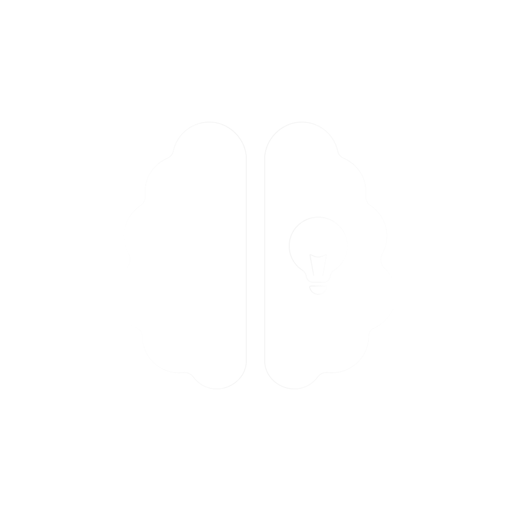 Linienzeichnung eines Gehirns mit einer Glühbirne in der rechten Hirnhälfte