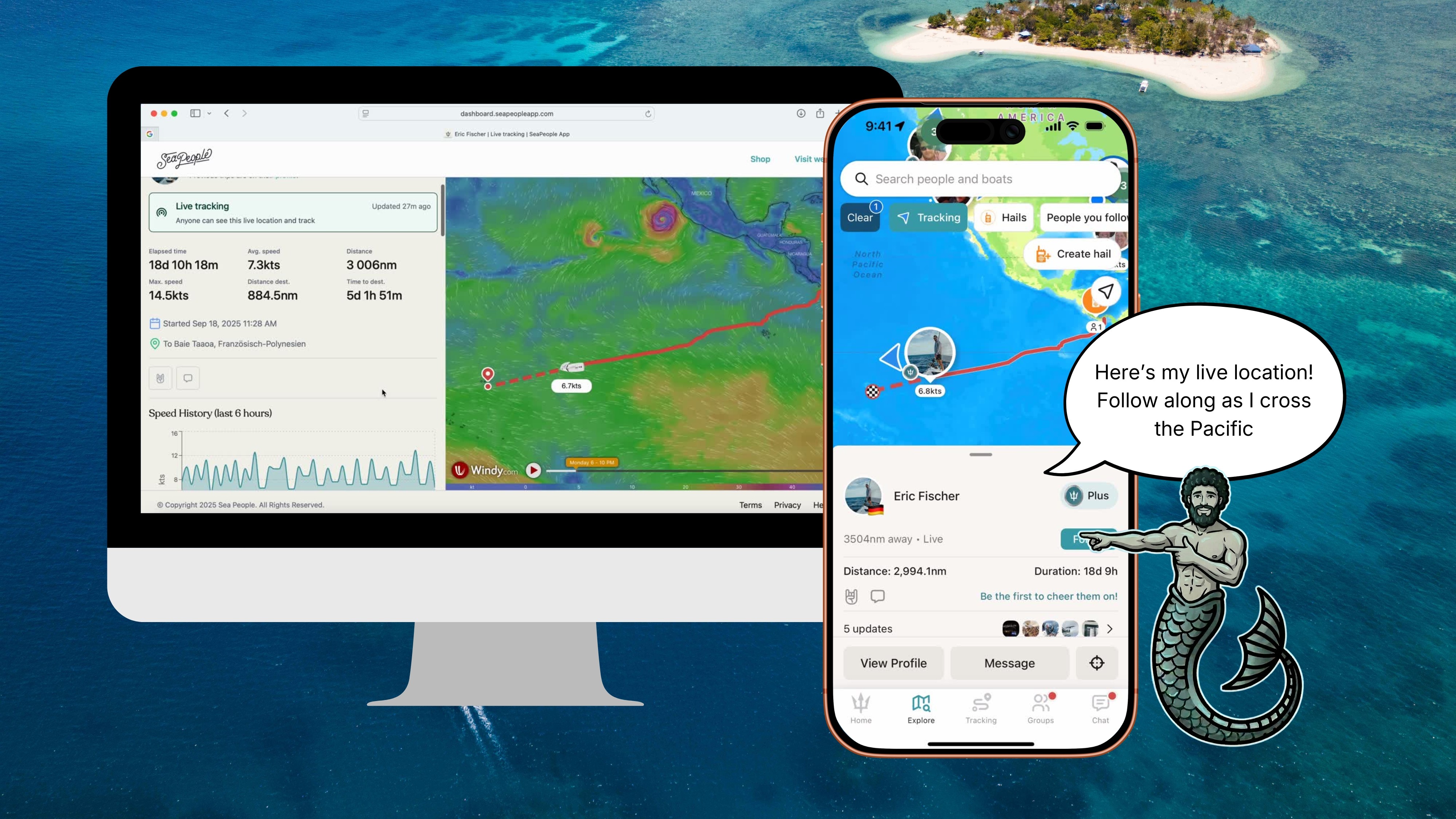 SeaPeople live tracking shown on phone and desktop with Pacific crossing route