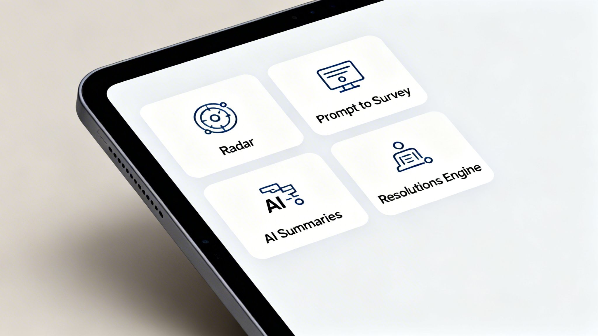 A tablet screen displays four software features: Radar, Prompt to Survey, AI Summaries, and Resolutions Engine.