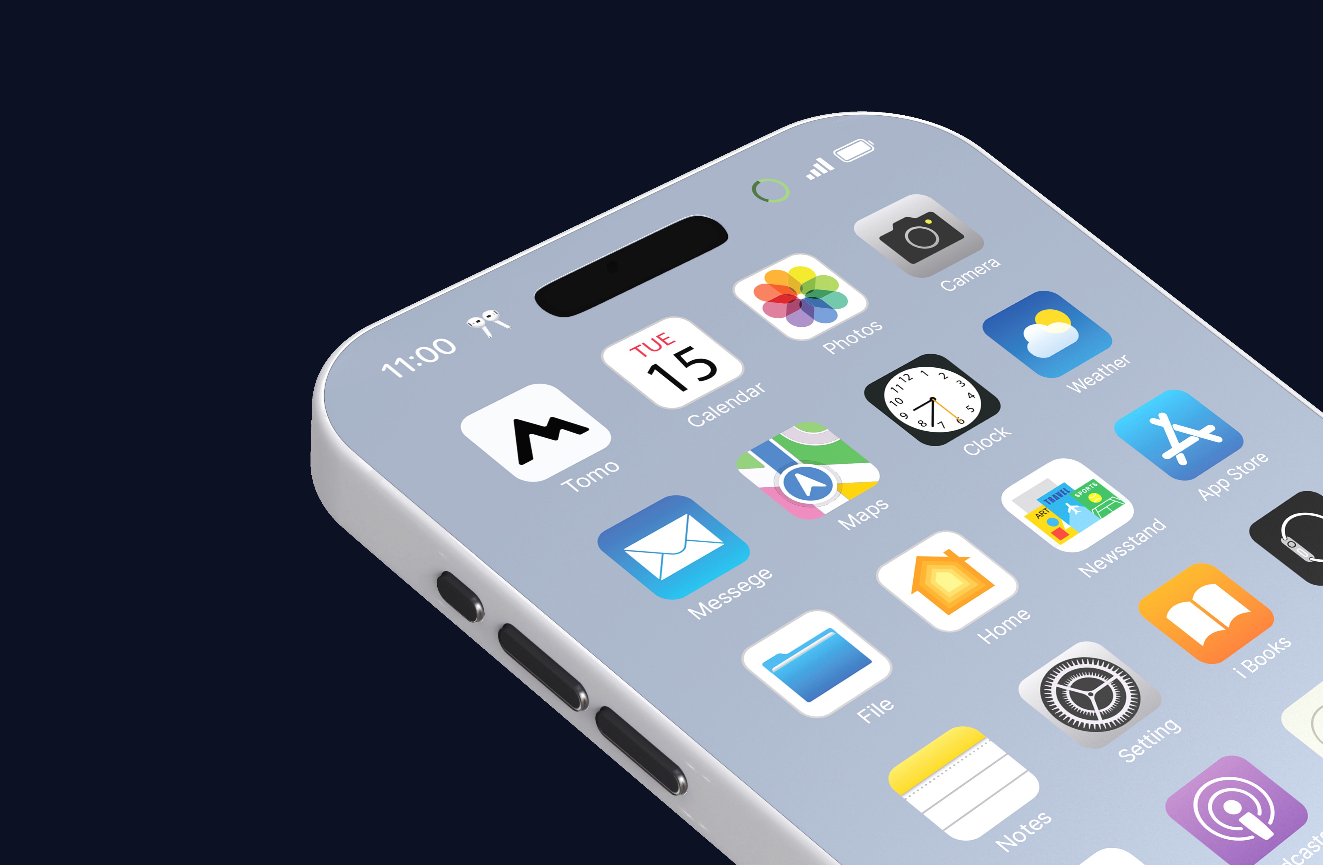 Close-up view of a smartphone screen displaying a grid of app icons on a dark background. Visible apps include Tomo, Calendar showing “TUE 15,” Photos, Camera, Weather, Clock, Maps, App Store, a misspelled “Messege” icon, Newsstand, Home, File, Setting, and iBooks. The top status bar shows the time as 11:00, along with signal, key, and battery indicators.