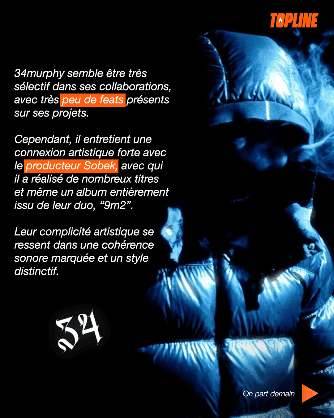 Exemple de post pour les réseaux sociaux du média TopLine, titré 'TURN UP!' sur fond du rappeur français SCH. Le portrait en gros plan de SCH est stylisé : il porte des lunettes de soleil Prada carrées et sombres, une barbe soignée, et plusieurs colliers et boucles d'oreilles. Le titre 'SCH AU STADE DE FRANCE' et les autres actualités (Freeze, Zamdane) sont affichés en typographie blanche et orange, avec un style graphique digne d'une couverture de magazine. Ce post est conçu pour informer l'audience sur l'actualité des concerts, événements et sorties majeures du rap français, illustrant l'expertise de Nux-Studio en graphisme digital et direction artistique de contenu événementiel et d'actualité.