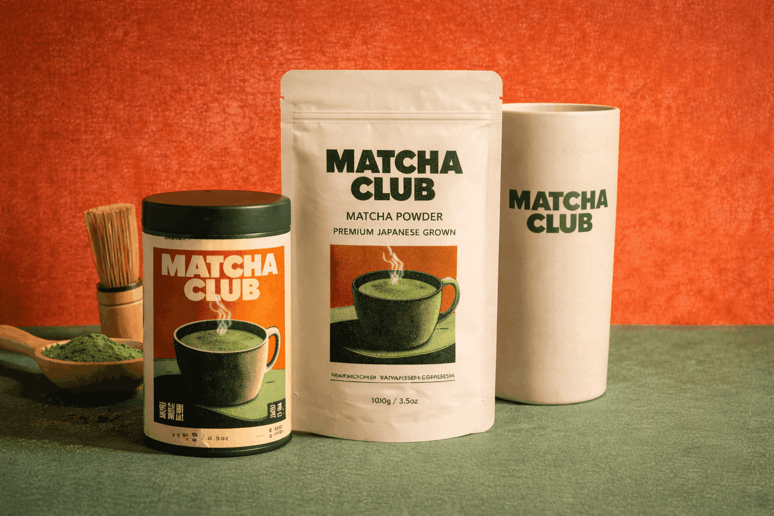 Matcha Club product packaging including matcha powder pouch, jar and cup styled on textured background with Japanese-inspired aesthetic