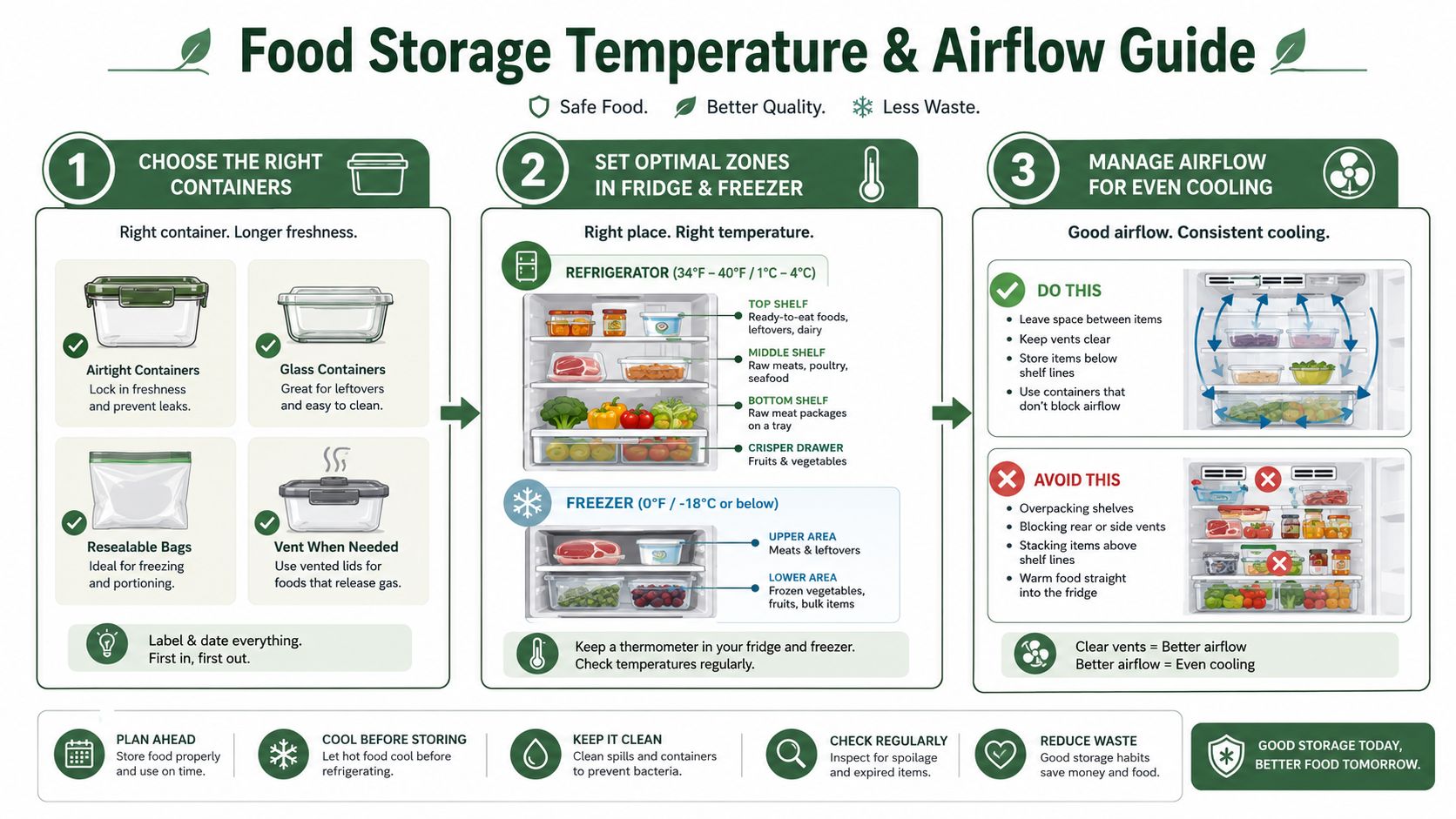 A visual guide explaining how to store food properly in refrigerators and freezers to prevent spoilage.
