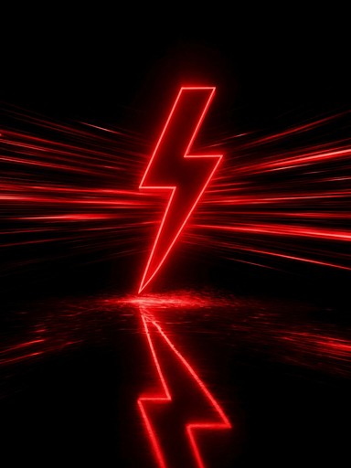 A glowing red lightning bolt on a black background, reflecting softly underneath.