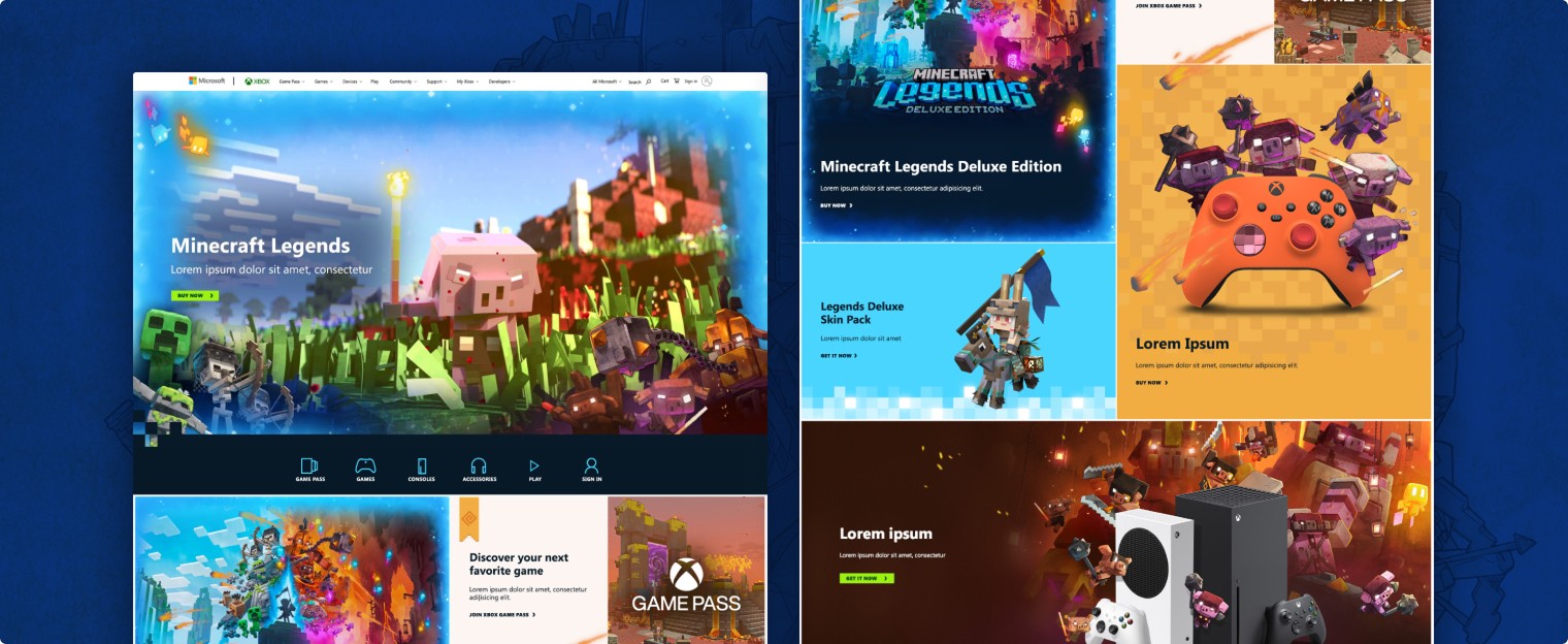 Screenshots of Minecraft Legends PDP for desktop
