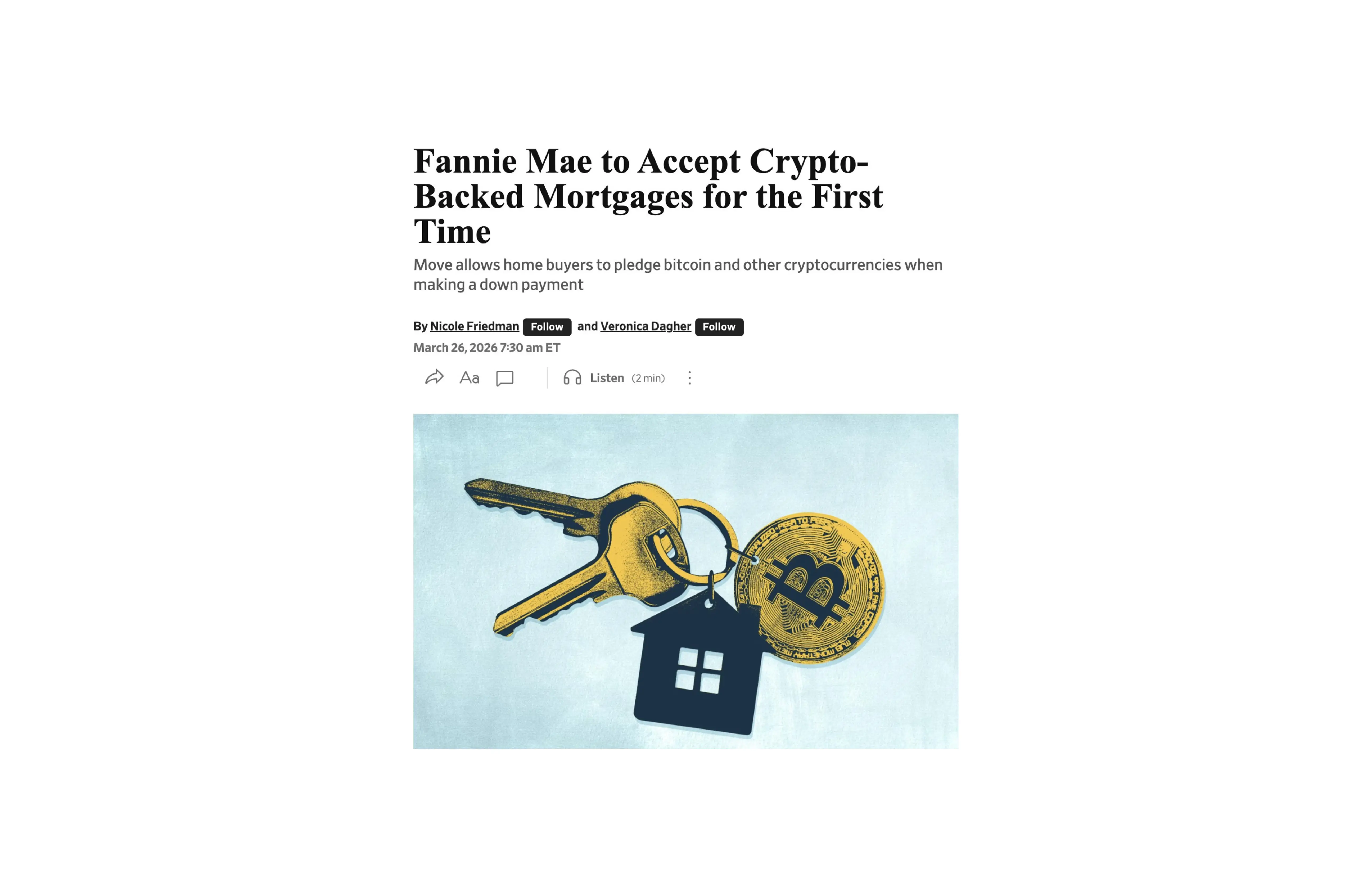 House keys, a home keychain, and a Bitcoin coin — the collateral structure behind the first Fannie Mae-eligible Bitcoin backed mortgage