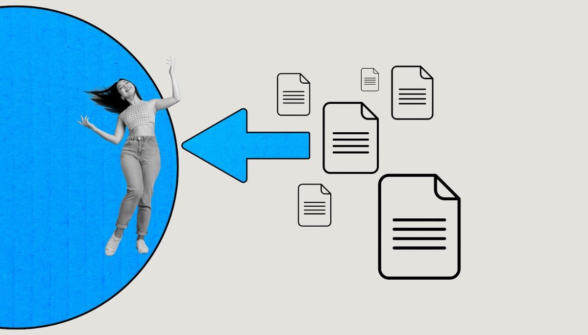 Collage of person inside blue circle with arrow and document icons, symbolizing best open source databases and how to choose.