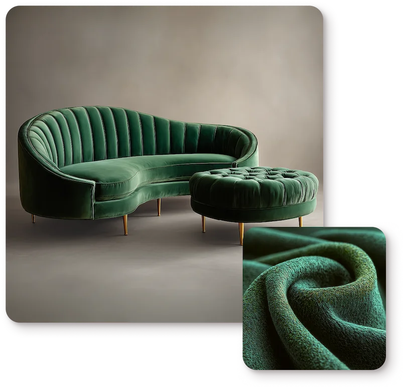 Green velvet couch and fabric swatch