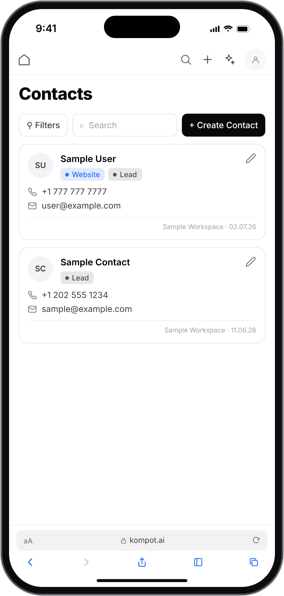 Mobile contacts list of the shipped redesign: one card per contact with tags, phone and email