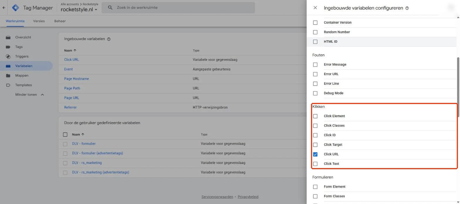 Tag Manager: de klikvariabelen aanzetten