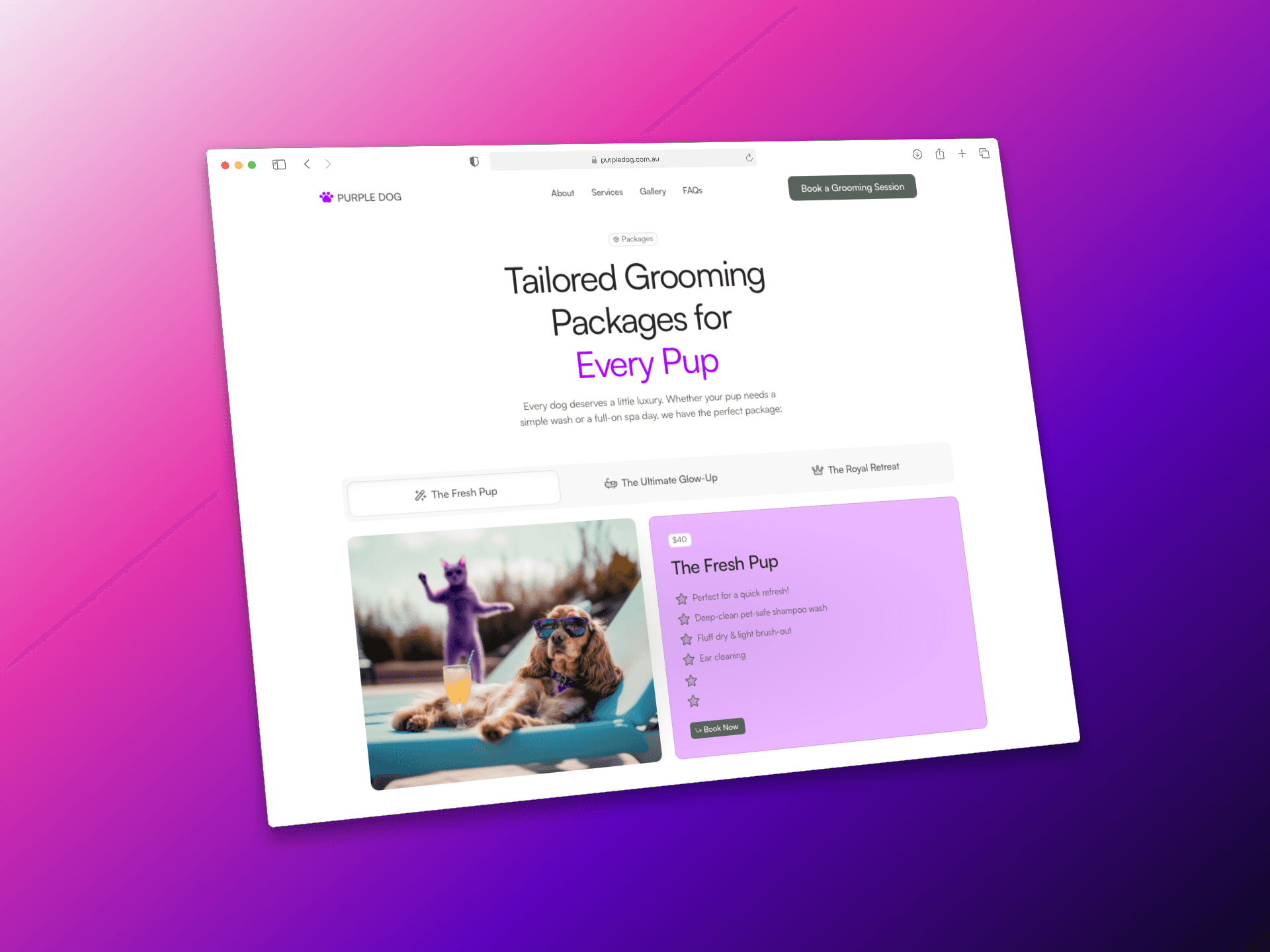 Side-by-side laptop views showing various product cards for dog treats, toys, and apparel with vibrant purple accents.