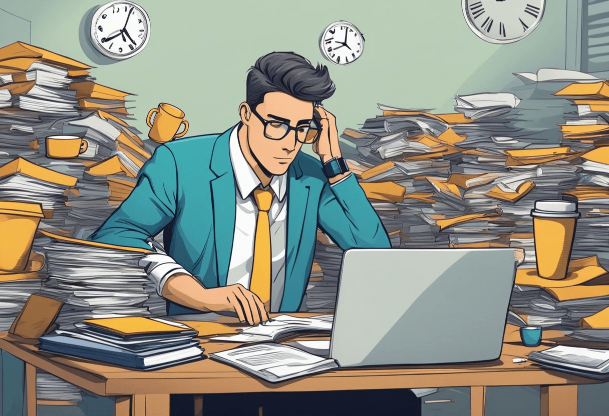 Employees typing at desks, surrounded by overflowing piles of work. Clock shows late hour. Empty coffee cups and tired expressions. Boss observing with concern