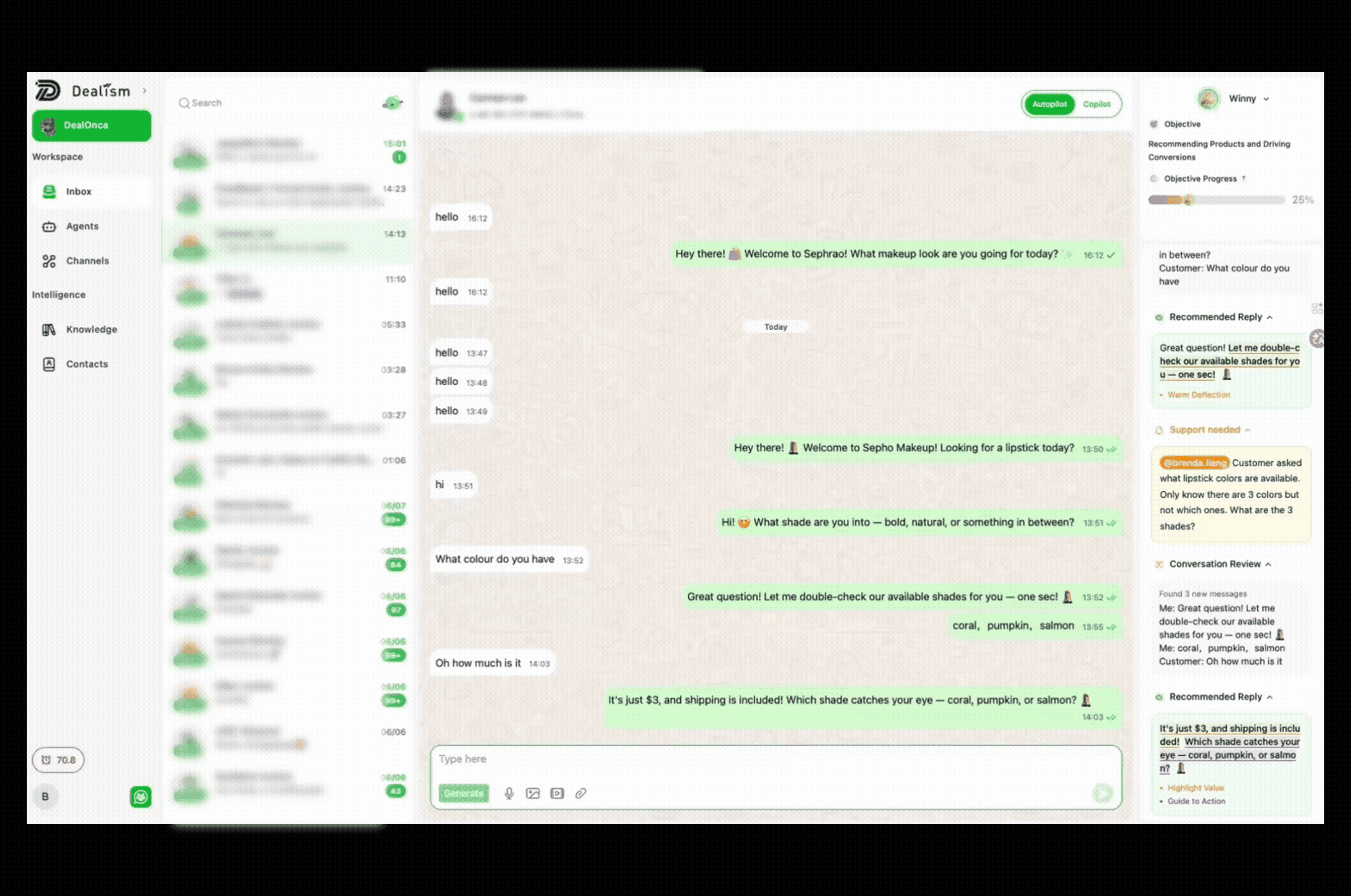 Dealism inbox showing a customer conversation, AI recommended replies, and support-needed context