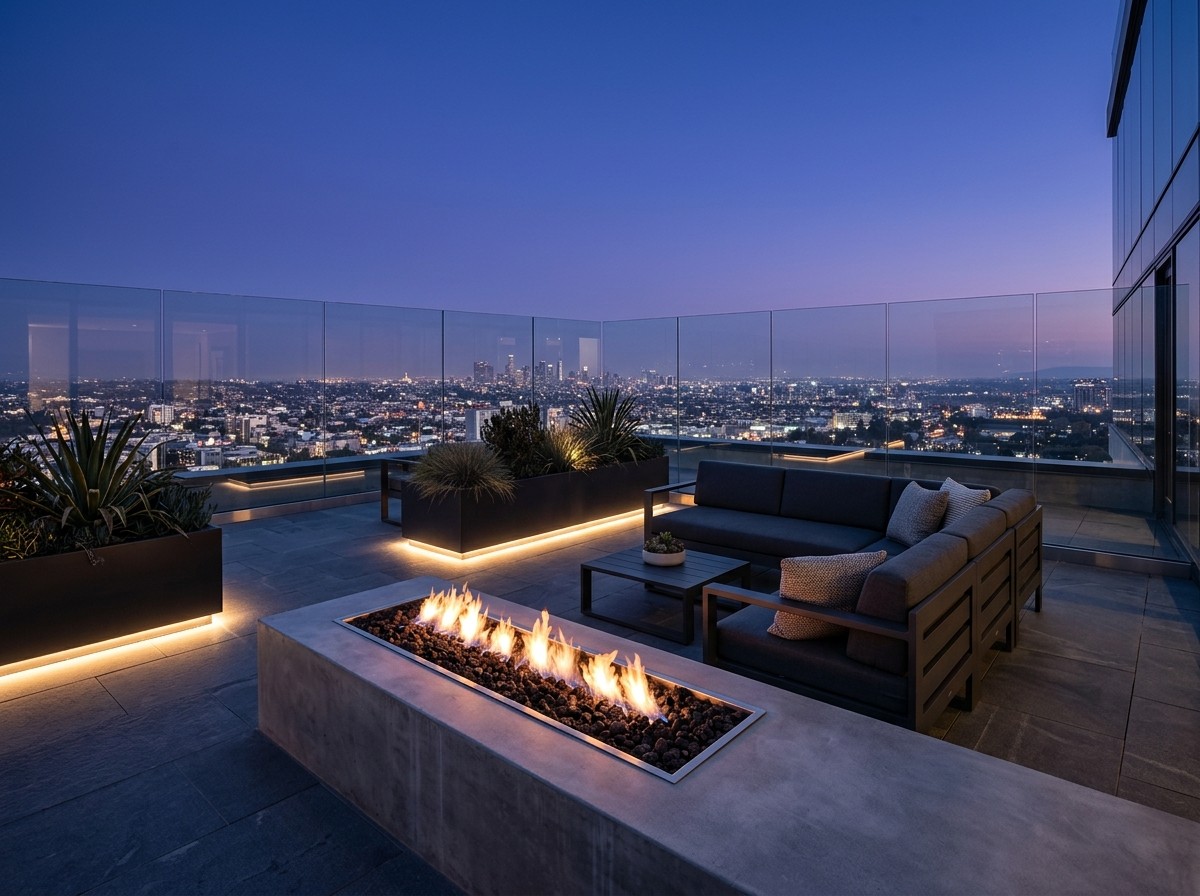 A private terrace at dusk