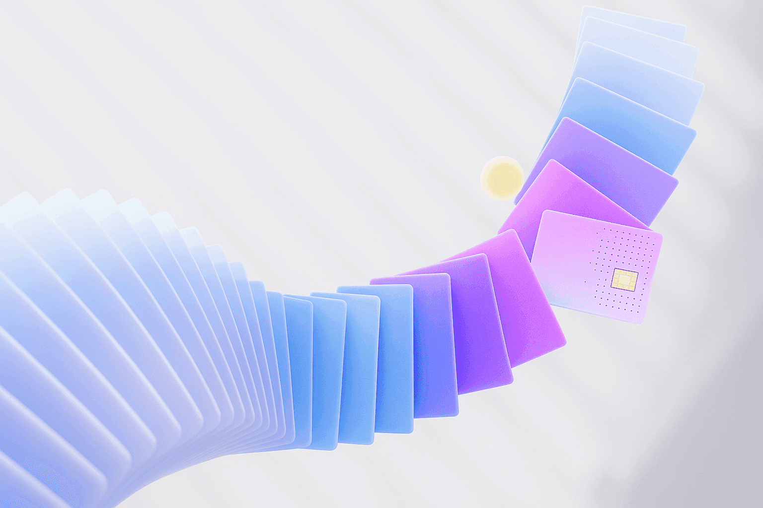 A series of gradient-colored cards in shades of blue and purple cascade through the air, with a soft yellow sphere in the background, creating a dynamic and modern abstract composition.