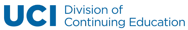 Alt text: "Logo of UCI Division of Continuing Education featuring 'UCI' in bold dark blue letters with a geometric design on the 'U' representing a book, followed by the words 'Division of Continuing Education' in a lighter shade of blue.