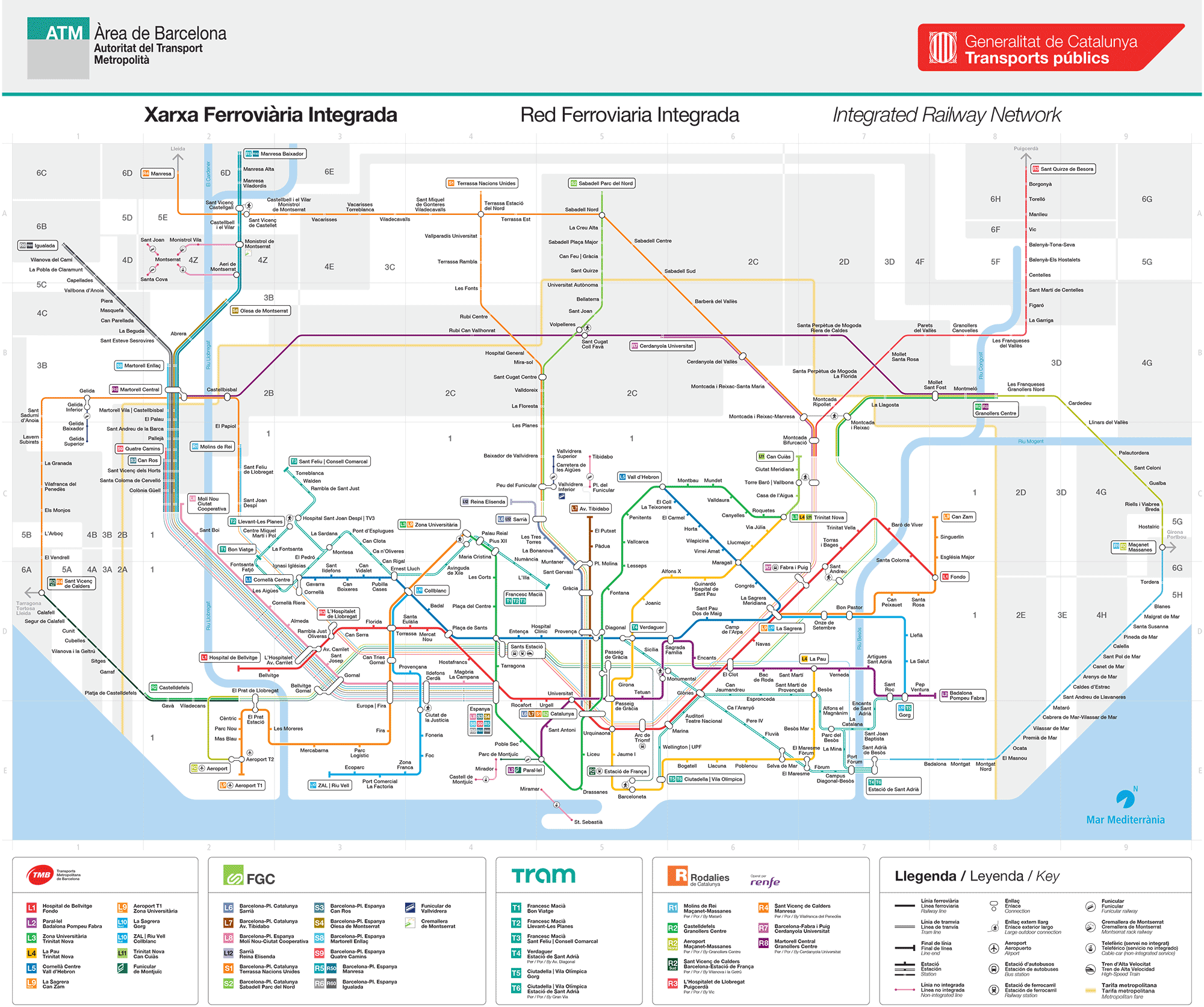 Metrokaart van Barcelona met alle lijnen en haltes, openbaar vervoer in Barcelona