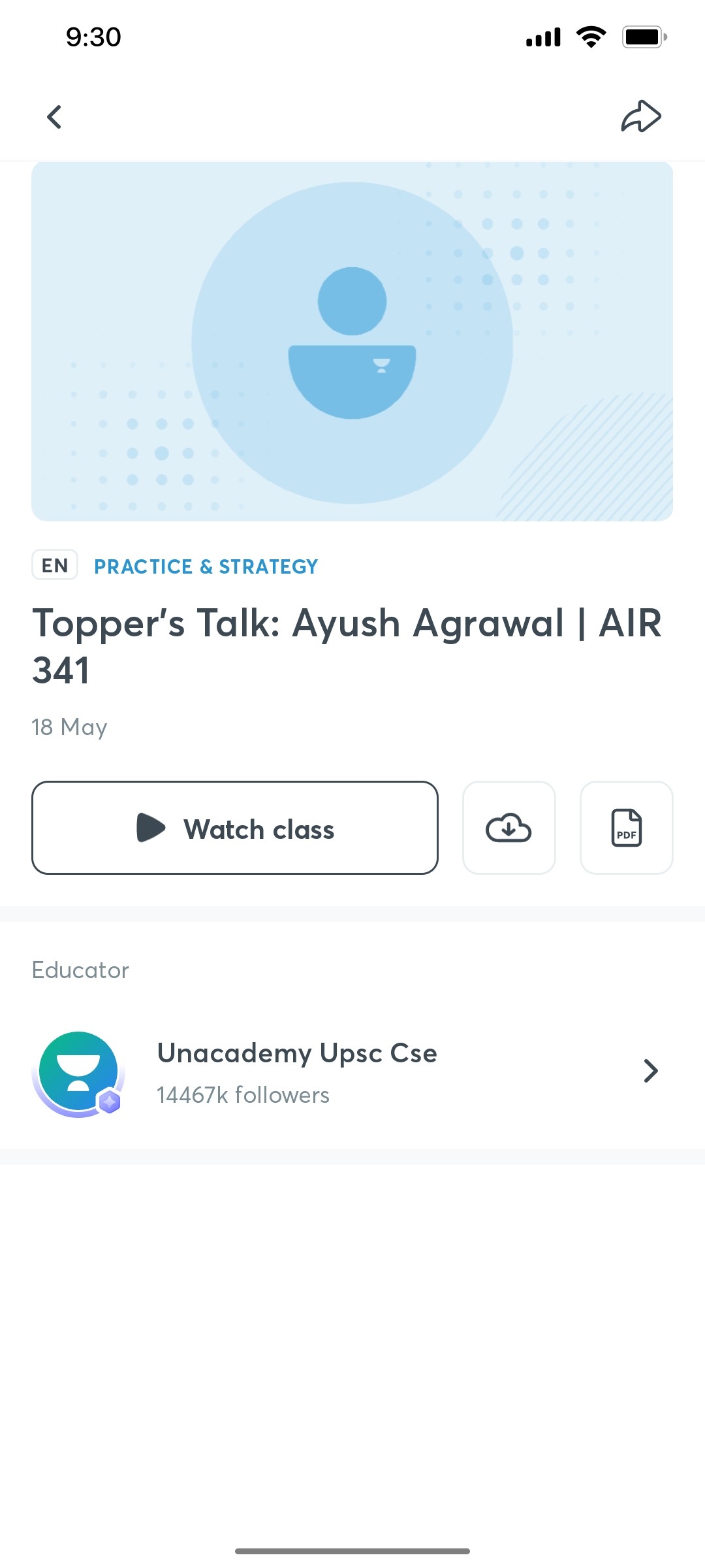 Unacademy Watch Class Screen