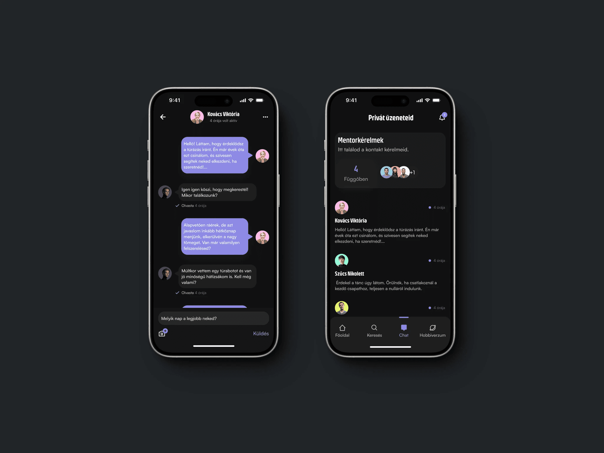 Two mobile app screens displaying chat conversations and community mentorship requests in a hobby discovery platform.