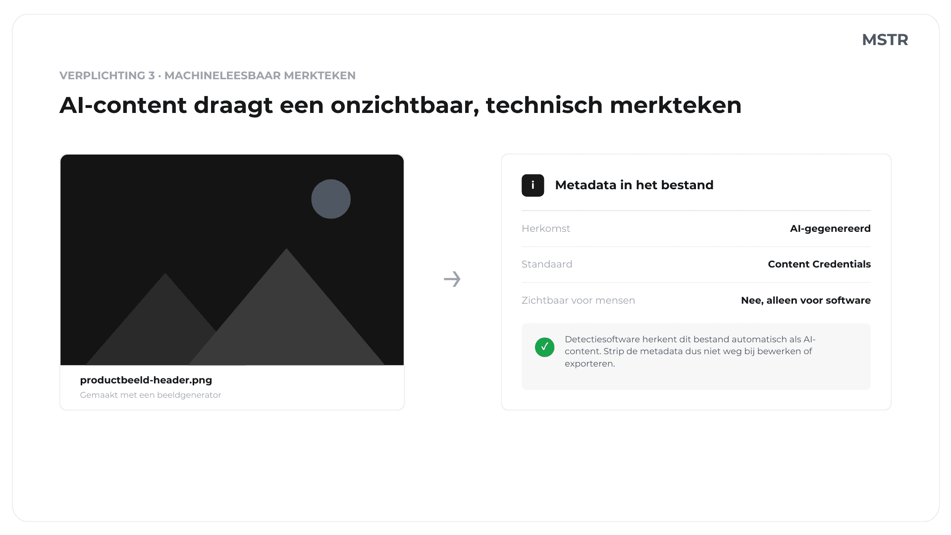 Voorbeeld AI-gegenereerde afbeelding met metadata volgens de Content Credentials-standaard, zodat detectiesoftware de afbeelding als AI-content herkent